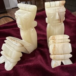 White Quartz Stone Carved Aztec Bookends Pair Vintage